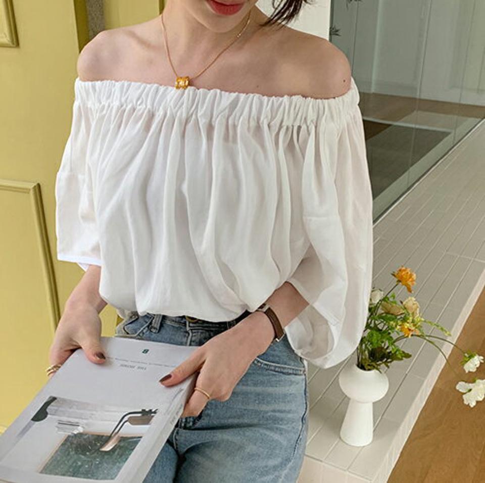 オフショルブラウス・全3色・t00014 レディース 【bl】 韓国 ファッション トップス ブラウス 長袖 オフショル ゴム ラウンドネック パフスリーブ ルーズ ゆったり 体型カバー 細身 春 夏 ハイホリHIHOLLI
