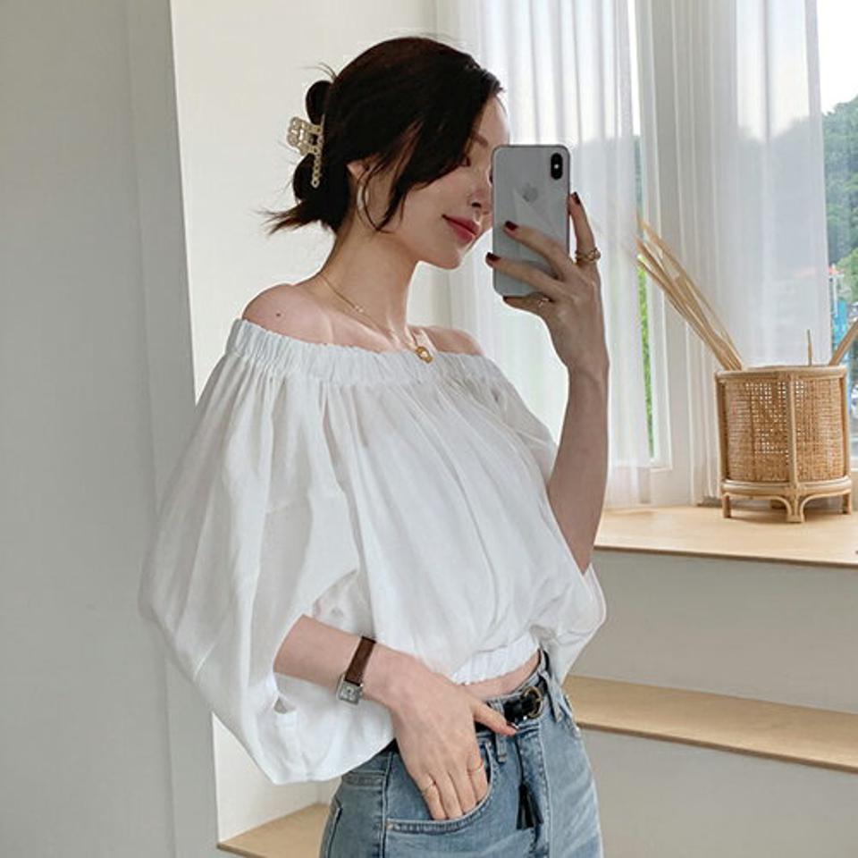 オフショルブラウス・全3色・t00014 レディース 【bl】 韓国 ファッション トップス ブラウス 長袖 オフショル ゴム ラウンドネック パフスリーブ ルーズ ゆったり 体型カバー 細身 春 夏 ハイホリHIHOLLI
