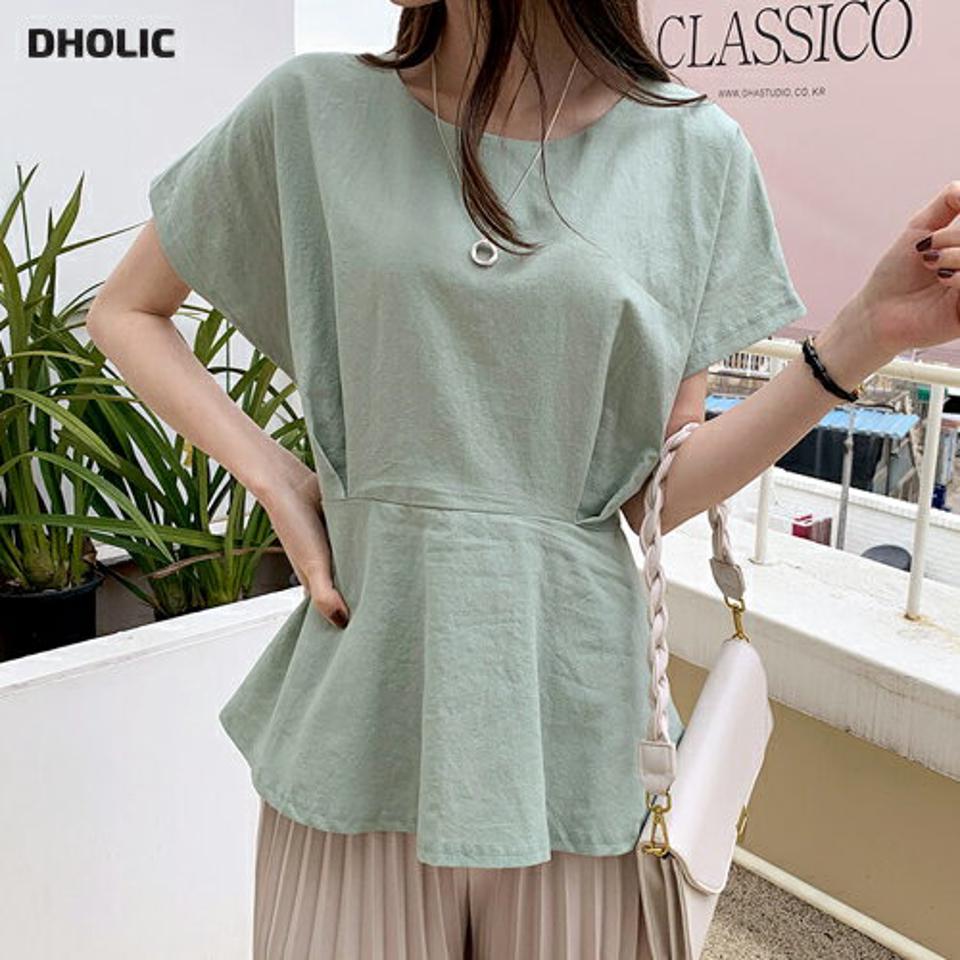 ラウンドフレアブラウス・全4色・t00025 レディース 【bl】 韓国 ファッション トップス ブラウス 半袖 ラウンドネック リネン タック ルーズ ゆったり 体型カバー 細身 シンプル リボン 春 夏 ハイホリHIHOLLI