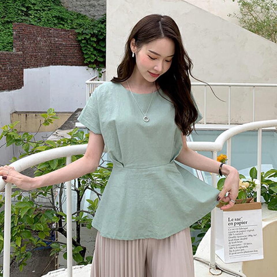 ラウンドフレアブラウス・全4色・t00025 レディース 【bl】 韓国 ファッション トップス ブラウス 半袖 ラウンドネック リネン タック ルーズ ゆったり 体型カバー 細身 シンプル リボン 春 夏 ハイホリHIHOLLI