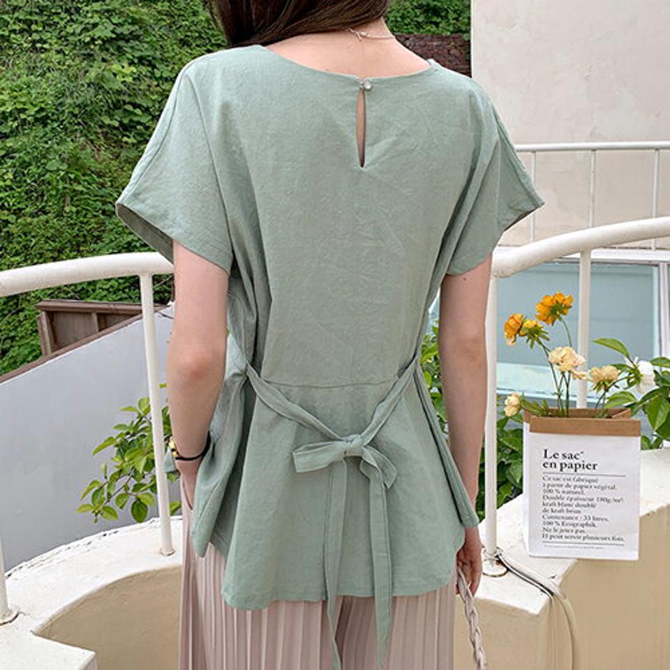 ラウンドフレアブラウス・全4色・t00025 レディース 【bl】 韓国 ファッション トップス ブラウス 半袖 ラウンドネック リネン タック ルーズ ゆったり 体型カバー 細身 シンプル リボン 春 夏 ハイホリHIHOLLI