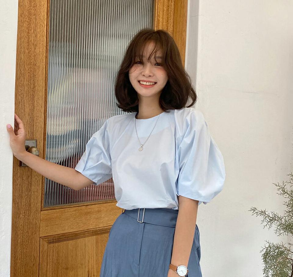 パフスリーブブラウス・全3色・t57594 レディース 【bl】【トップス ブラウス 半袖 ハーフスリーブ パフ袖 パフスリーブ 単色 無地 シンプル 可愛い かわいい 春 夏 韓国 ファッション】