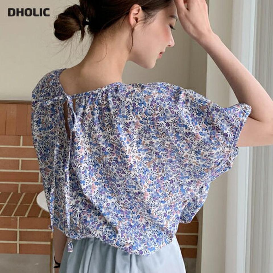 パフフラワーパターンブラウス・全3色・t00022 レディース 【bl】 韓国 ファッション トップス ブラウス 半袖 花柄 フラワー パターン パフスリーブ ラウンドネック ルーズ ゆったり 体型カバー 細身 リボン 春 夏 ハイホリHIHOLLI