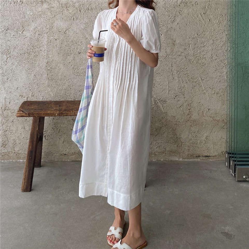 ワンピース レディース 40代 マキシワンピース 春夏新作 半袖ワンピース Vネック パフスリーブ Aラインスカート ひざ下 オシャレ韓国風 ゆったり 大人 30代 送料無料