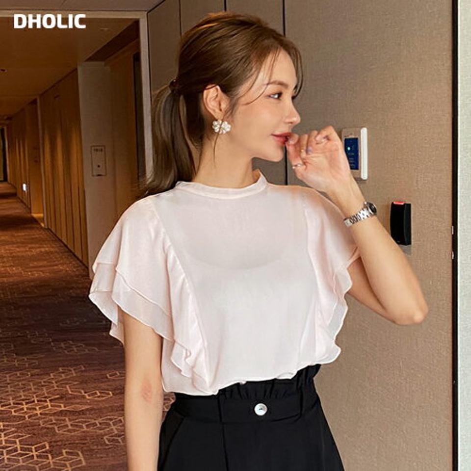 ラッフルスリーブブラウス・全3色・b69035 レディース 【bl】 トップス ブラウス 半袖 ラッフル フリル フェミニン 上品 単色 無地 シンプル 大人 オフィスカジュアル 春 夏 韓国 ファッション ハイホリHIHOLLI