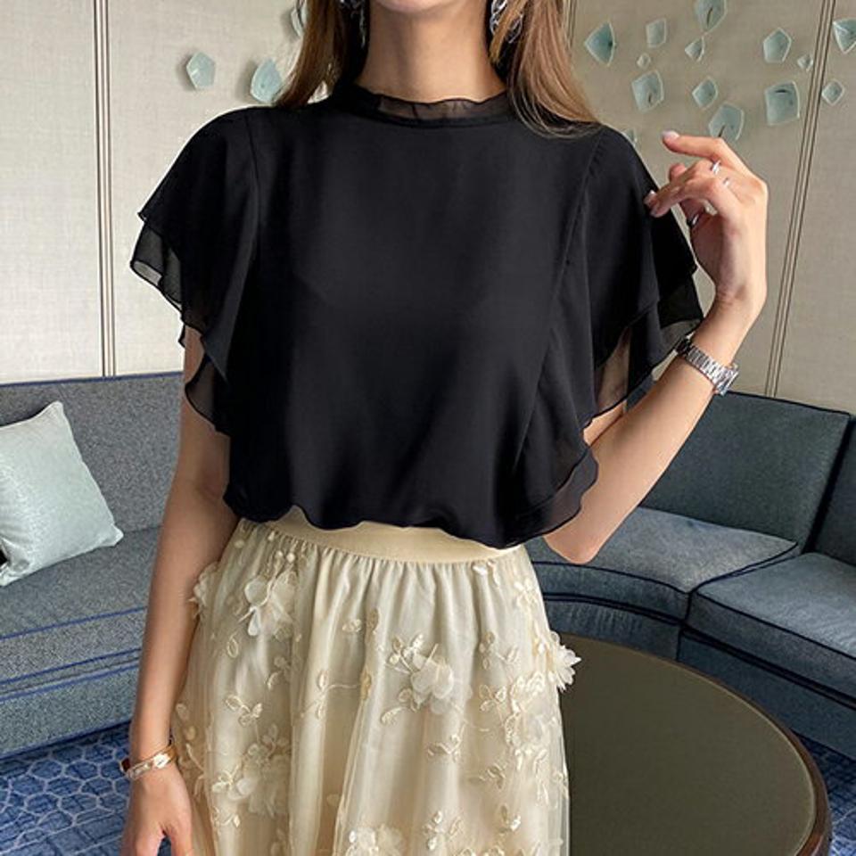 ラッフルスリーブブラウス・全3色・b69035 レディース 【bl】 トップス ブラウス 半袖 ラッフル フリル フェミニン 上品 単色 無地 シンプル 大人 オフィスカジュアル 春 夏 韓国 ファッション ハイホリHIHOLLI