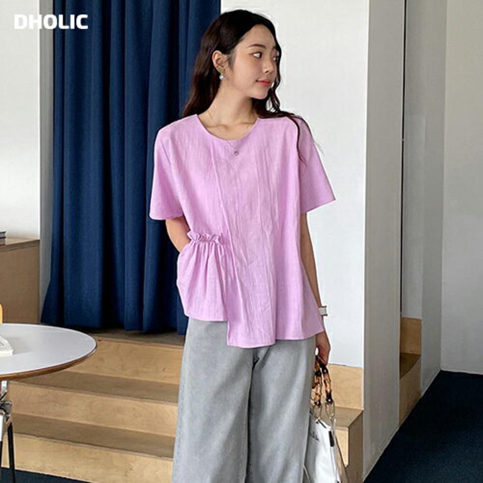 アシメフリルブラウス・全4色・t65529 レディース 【bl】 トップス ブラウス 半袖 フリル アシメ アンバランス 単色 シンプル 可愛い かわいい 春 夏 韓国 ファッション