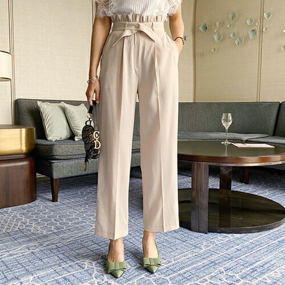 ストラップ付フリルパンツ・全2色・b69049 レディース 【pt】 パンツ ズボン ロングパンツ フリル ストラップ 単色 無地 シンプル かわいい 大人 ハイウエスト 春 夏 秋 韓国 ファッション ハイホリHIHOLLI