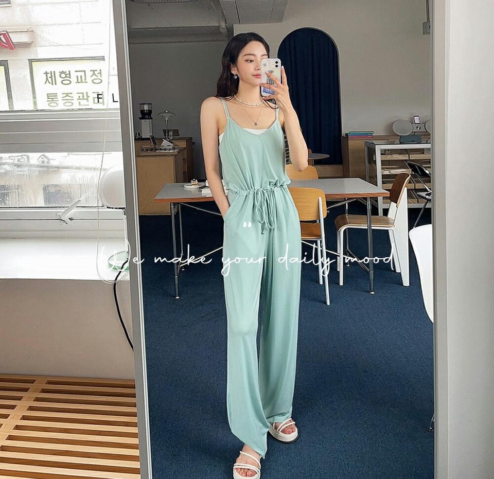 ドロストキャミオールインワン・全4色・t65531 レディース 【pt】 オールインワン パンツ ズボン ロングパンツ キャミソール スリーブレス ノースリーブ ドロスト 単色 無地 シンプル ラフ カジュアル 春 夏 韓国 ファッション