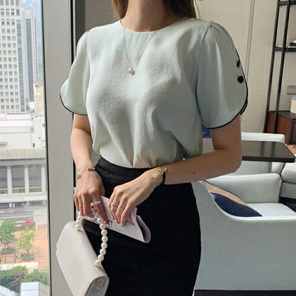 ボタンスリーブブラウス・全4色・t69034 レディース 【bl】 トップス ブラウス 半袖 ボタン 大人 上品 きれいめ オフィスカジュアル 春 夏 韓国 ファッション ハイホリHIHOLLI