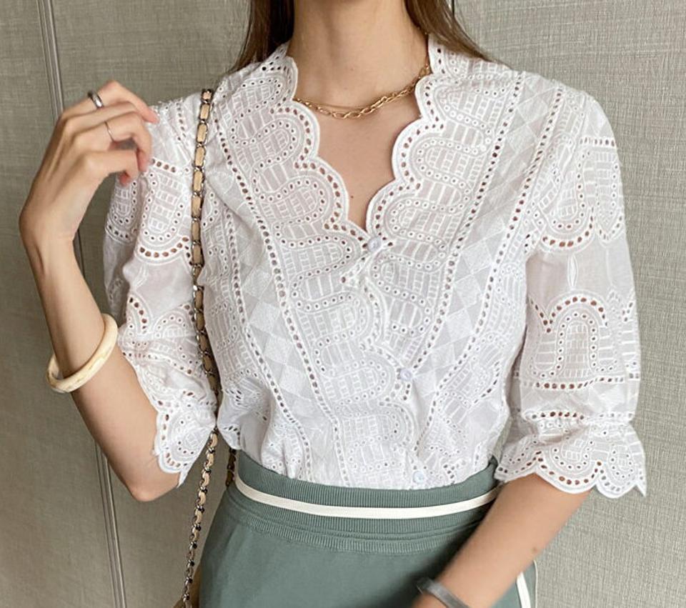 【全品10%OFF】ストラップ付アイレットレースブラウス・全2色・b69037 レディース 【bl】【トップス ブラウス 半袖 ハーフスリーブ アイレットレース 総レース レース ストラップ ガーリー 可愛い かわいい 春 夏 韓国 ファッション】【ハイホリHIHOLLI】