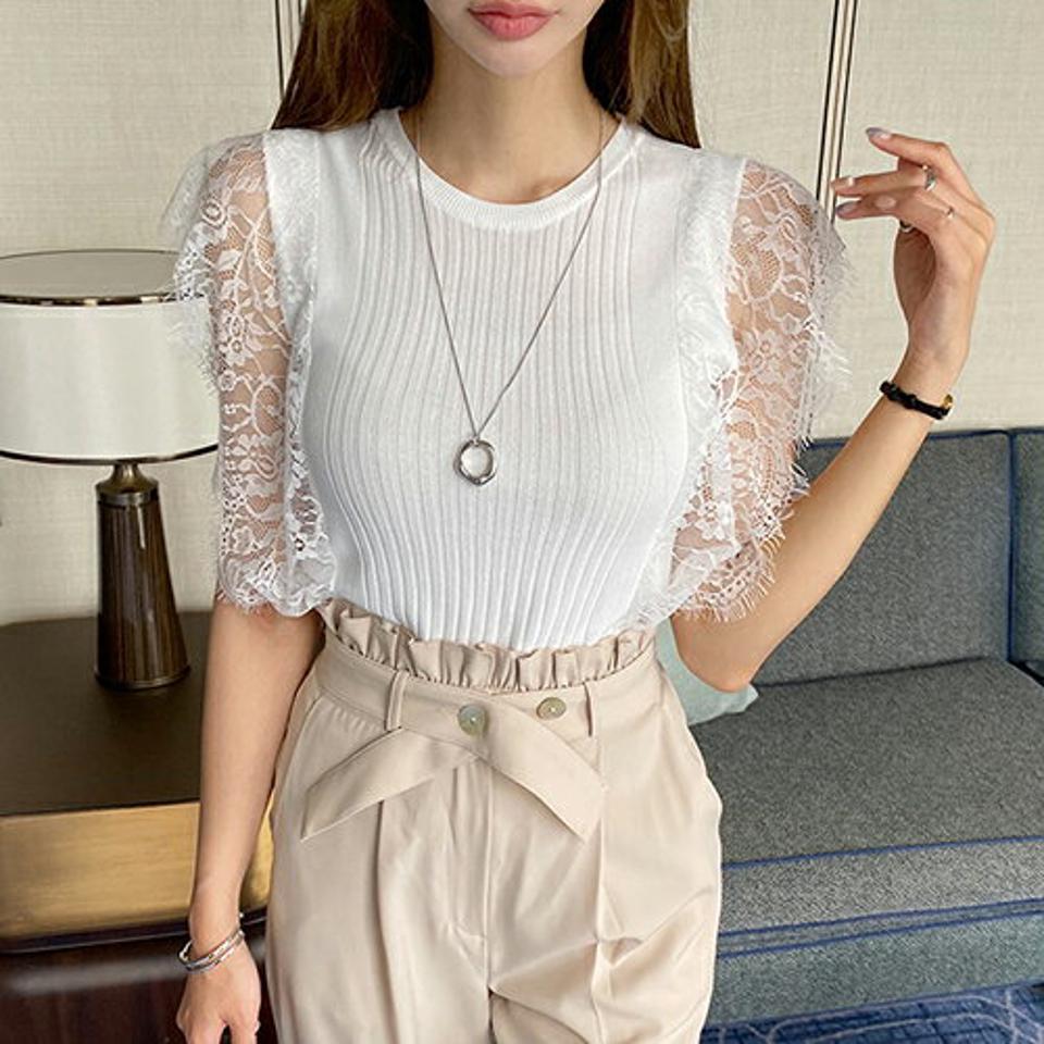 サイドアイラッシュラインニット・全2色・b69033 レディース 【tops】 トップス ニット ニットトップス スリーブレス ノースリーブ レース 透け感 シアー シースルー フェミニン 上品 春 夏 韓国 ファッション ハイホリHIHOLLI