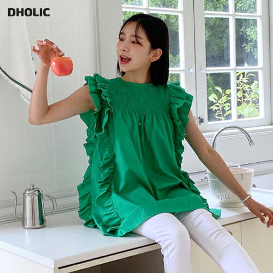 フリルロングブラウス・全3色・t64400 レディース 【bl】 トップス ブラウス フリル スリーブレス ノースリーブ ロングブラウス ガーリー ゆったり シャーリング 可愛い かわいい 春 夏 韓国 ファッション NIJU