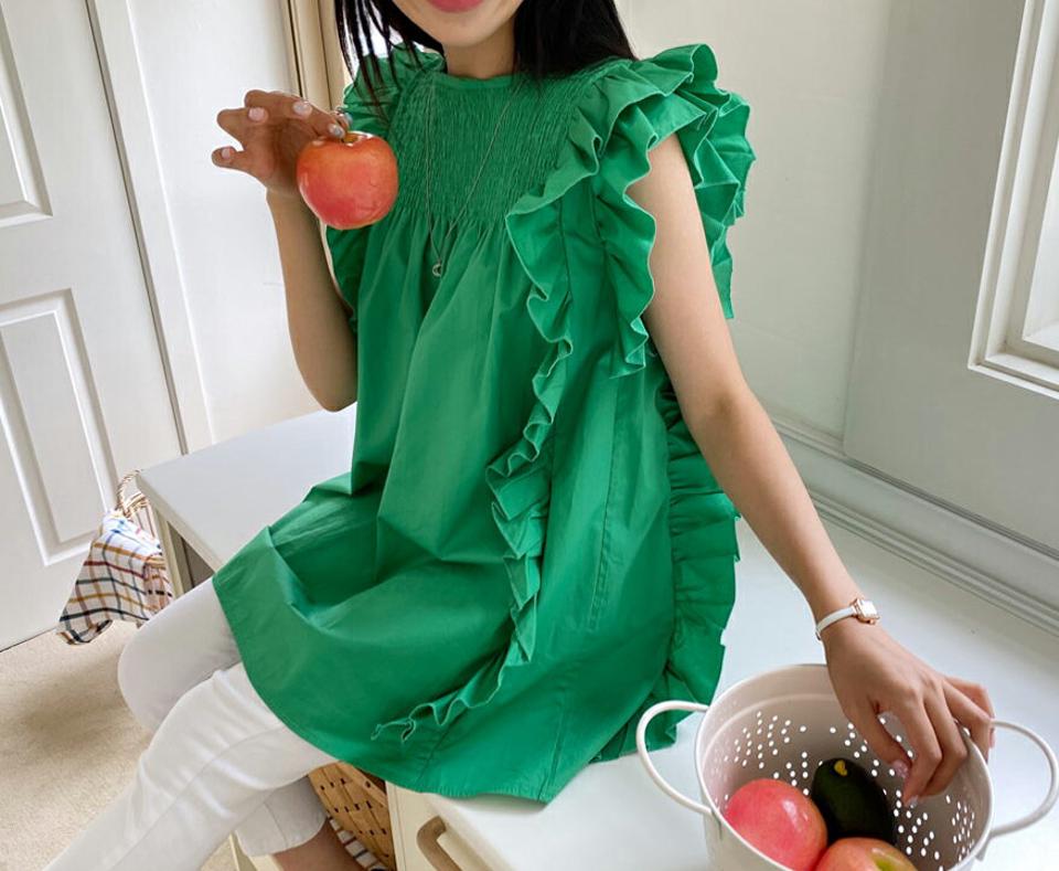 フリルロングブラウス・全3色・t64400 レディース 【bl】 トップス ブラウス フリル スリーブレス ノースリーブ ロングブラウス ガーリー ゆったり シャーリング 可愛い かわいい 春 夏 韓国 ファッション NIJU