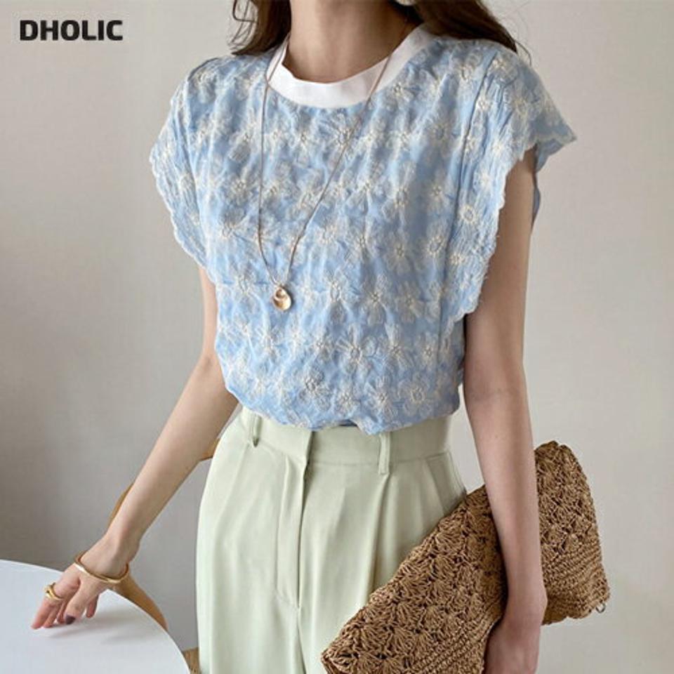 花柄刺繍ボタンブラウス・全3色・b69013 レディース 【bl】 トップス ブラウス ショートスリーブ キャップスリーブ 花柄 刺繍 フェミニン 大人 春 夏 韓国 ファッション ハイホリHIHOLLI