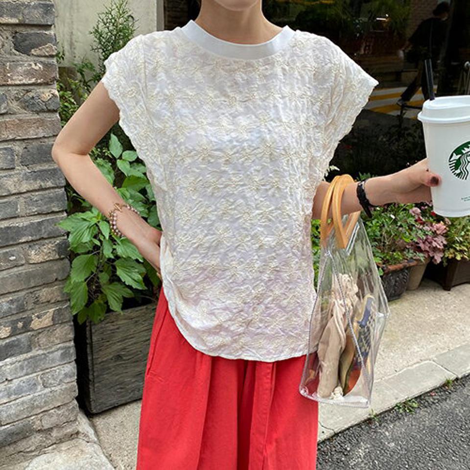 花柄刺繍ボタンブラウス・全3色・b69013 レディース 【bl】 トップス ブラウス ショートスリーブ キャップスリーブ 花柄 刺繍 フェミニン 大人 春 夏 韓国 ファッション ハイホリHIHOLLI