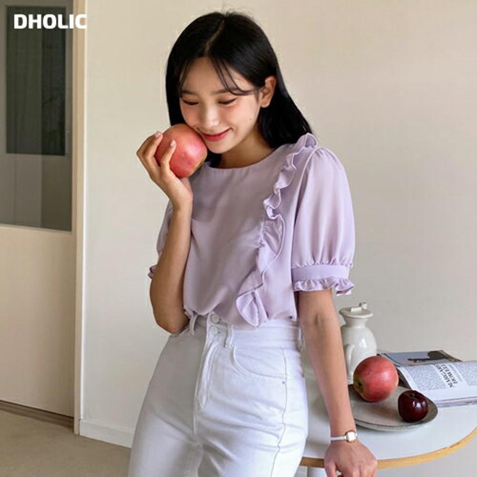 ラウンドフリルブラウス・全4色・64384 レディース 【bl】 トップス ブラウス 半袖 ハーフスリーブ フリル ガーリー シンプル 可愛い かわいい 春 夏 韓国ファッション NIJU