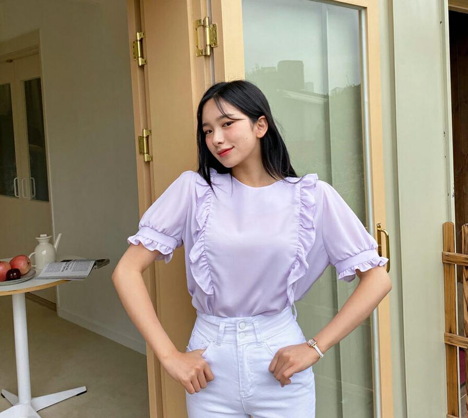 ラウンドフリルブラウス・全4色・64384 レディース 【bl】 トップス ブラウス 半袖 ハーフスリーブ フリル ガーリー シンプル 可愛い かわいい 春 夏 韓国ファッション NIJU