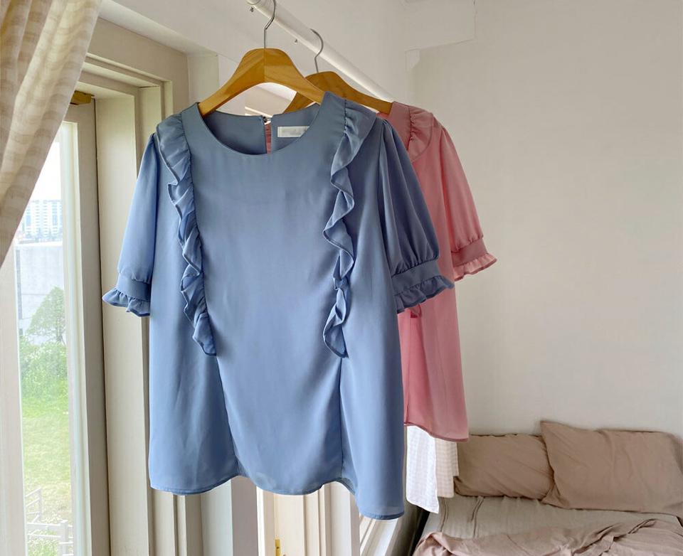 ラウンドフリルブラウス・全4色・64384 レディース 【bl】 トップス ブラウス 半袖 ハーフスリーブ フリル ガーリー シンプル 可愛い かわいい 春 夏 韓国ファッション NIJU