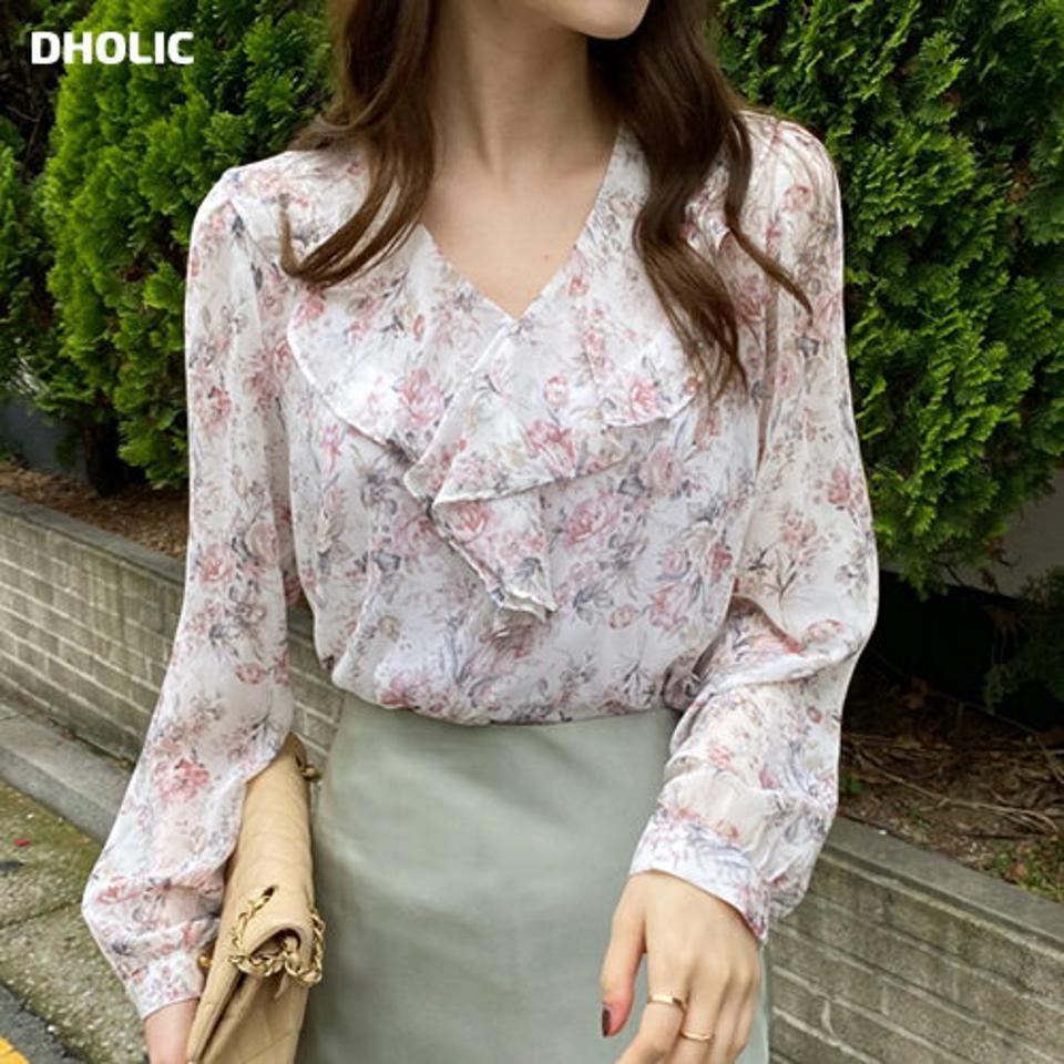 花柄フリルシフォンブラウス・全2色・b69015 レディース 【bl】 トップス ブラウス 長袖 シフォン フリル 花柄 フェミニン 上品 可愛い かわいい 春 秋 韓国 ファッション ハイホリHIHOLLI