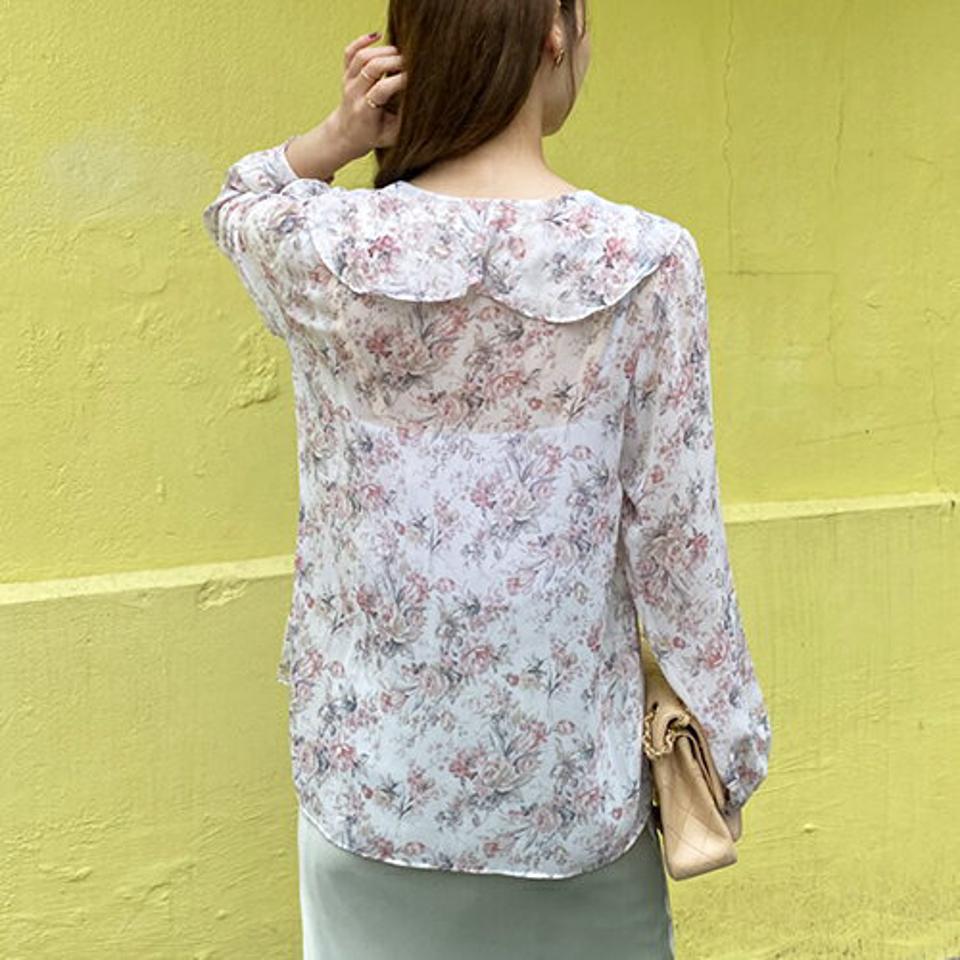 花柄フリルシフォンブラウス・全2色・b69015 レディース 【bl】 トップス ブラウス 長袖 シフォン フリル 花柄 フェミニン 上品 可愛い かわいい 春 秋 韓国 ファッション ハイホリHIHOLLI