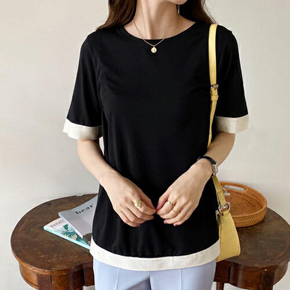 【タイム特価】配色フレアTシャツ・全4色・b69020 レディース 【tops】 トップス Tシャツ 半袖 フレア 配色 大人 モダン 春 夏 韓国 ファッション ハイホリHIHOLLI【TS】