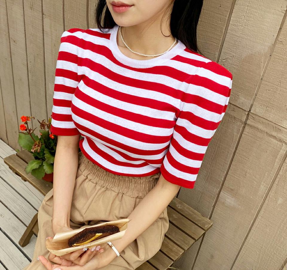 ≪人気商品再入荷≫ショルダータックボーダーニット・全2色・b64392 レディース 【tops】 トップス ニット 半袖 ハーフスリーブ ボーダー柄 カジュアル タック ラフ 春 夏 韓国ファッション NIJU