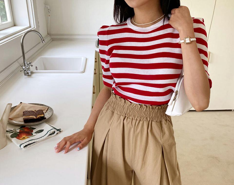 ≪人気商品再入荷≫ショルダータックボーダーニット・全2色・b64392 レディース 【tops】 トップス ニット 半袖 ハーフスリーブ ボーダー柄 カジュアル タック ラフ 春 夏 韓国ファッション NIJU