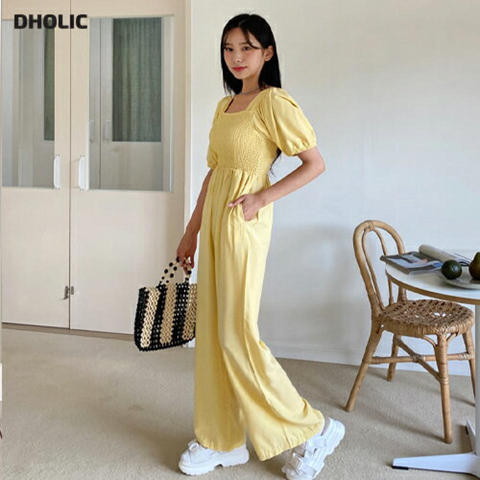 スクエアシャーリングオールインワン・全3色・t64398 レディース 【pt】 オールインワン 半袖 ハーフスリーブ パンツ ズボン ロングパンツ シャーリング スクエアネック デコルテ 鎖骨 ガーリー かわいい 可愛い 春 夏 韓国 ファッション NIJU