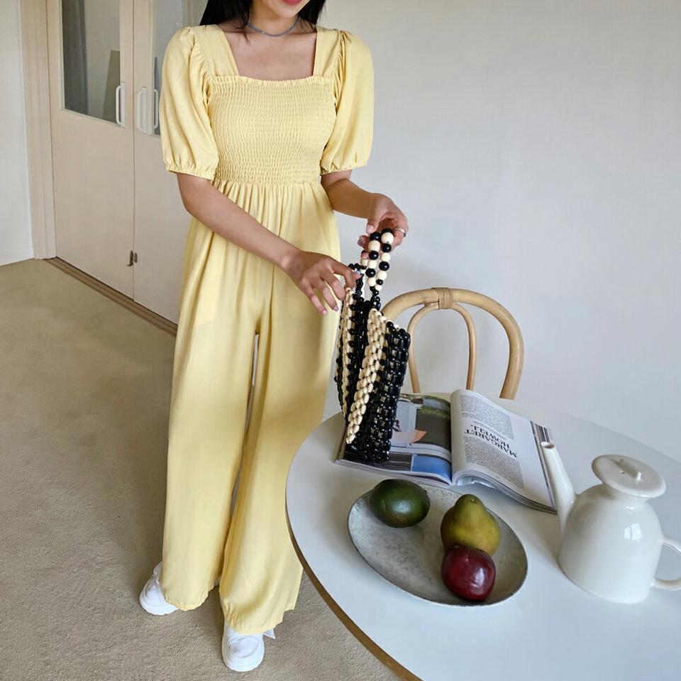 スクエアシャーリングオールインワン・全3色・t64398 レディース 【pt】 オールインワン 半袖 ハーフスリーブ パンツ ズボン ロングパンツ シャーリング スクエアネック デコルテ 鎖骨 ガーリー かわいい 可愛い 春 夏 韓国 ファッション NIJU