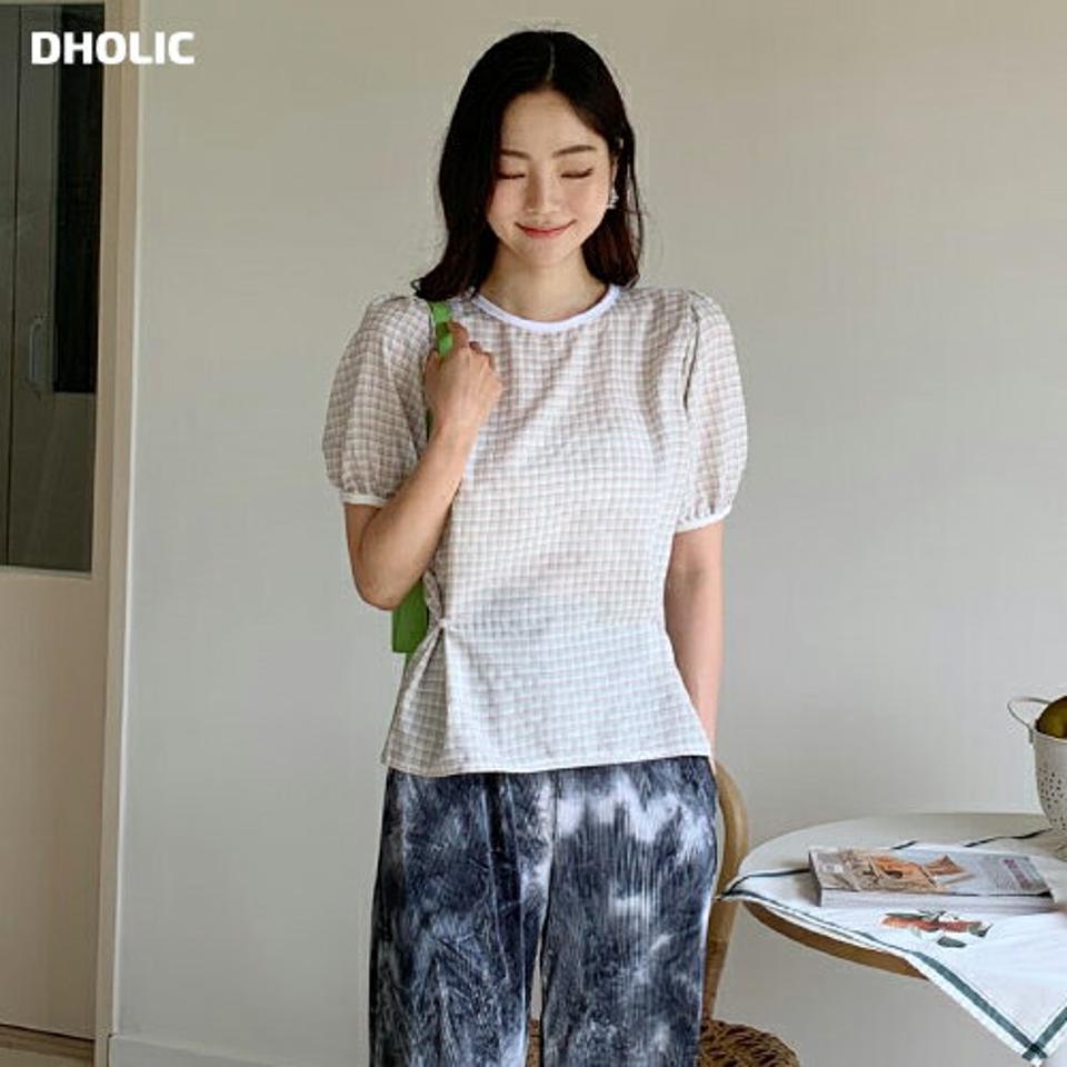 2WAYチェックボタンブラウス・全3色・t62349 レディース 【bl】 トップス ブラウス 半袖 チェック柄 ガーリー ウエストマーク かわいい 春 夏 韓国 ファッション