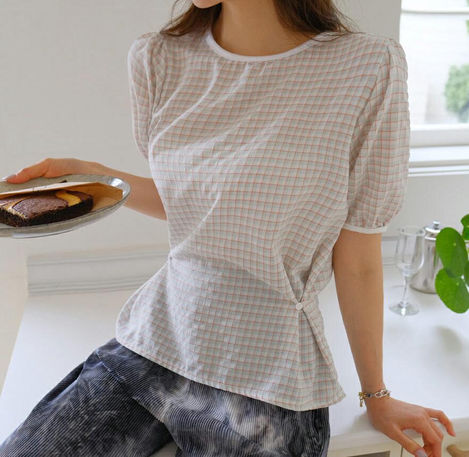 2WAYチェックボタンブラウス・全3色・t62349 レディース 【bl】 トップス ブラウス 半袖 チェック柄 ガーリー ウエストマーク かわいい 春 夏 韓国 ファッション