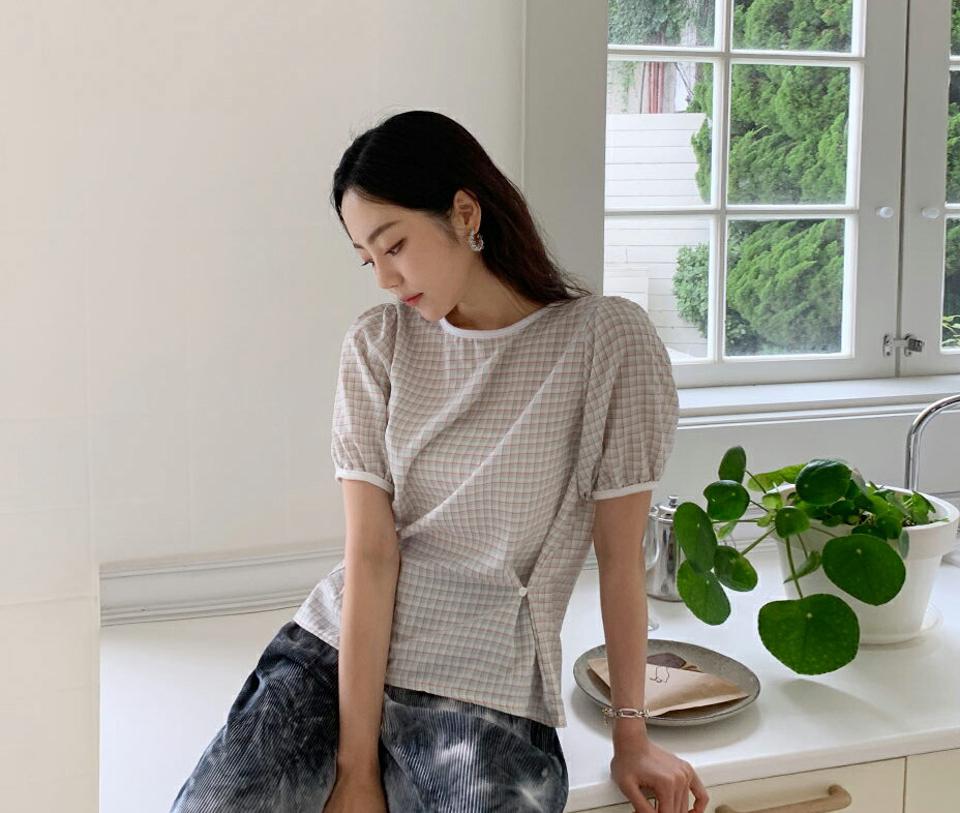2WAYチェックボタンブラウス・全3色・t62349 レディース 【bl】 トップス ブラウス 半袖 チェック柄 ガーリー ウエストマーク かわいい 春 夏 韓国 ファッション