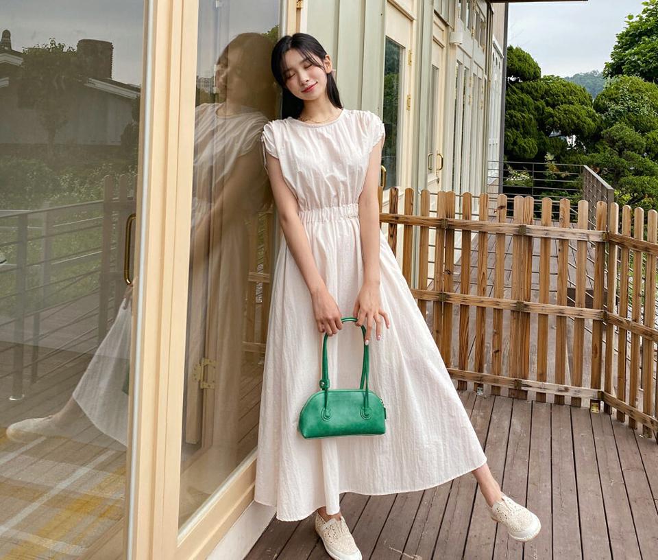 ギャザーワンピース・全3色・t64395 レディース 【ops】 ワンピース ロング ショートスリーブ ギャザー ガーリー シンプル 可愛い かわいい 春 夏 韓国 ファッション NIJU