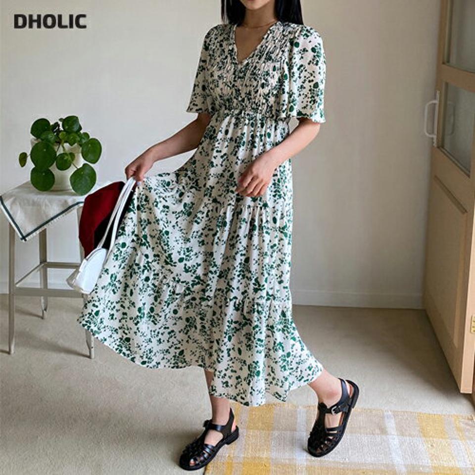 Vネック花柄ワンピース・全2色・t64394 レディース 【ops】 ワンピース ロング 半袖 ハーフスリーブ 花柄 Vネック フェミニン シフォン かわいい シャーリング 春 夏 韓国 ファッション NIJU
