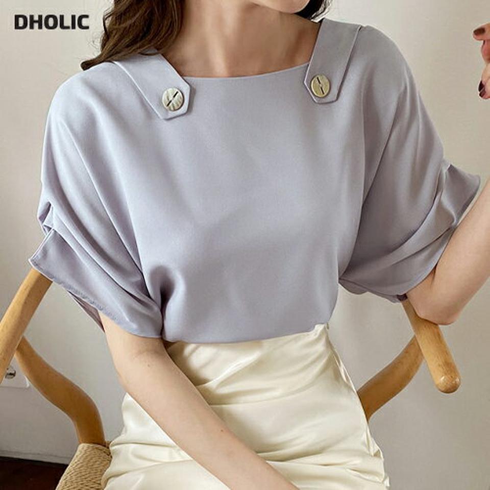 ショルダーボタンブラウス・全4色・69019 レディース 【bl】 トップス ブラウス 半袖 ショルダーボタン シンプル 上品 大人 タック 春 夏 韓国 ファッション ハイホリHIHOLLI