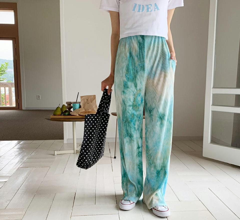 タイダイプリーツパンツ・全3色・t62361 レディース 【pt】 パンツ ズボン ロングパンツ プリーツ 総柄 模様 タイダイ カジュアル ワイド ラフ ウエストゴム 春 夏 韓国 ファッション
