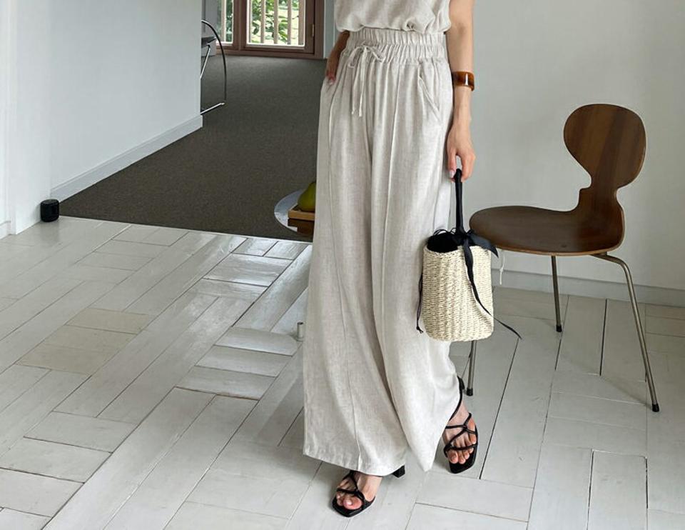 リネン混ウエストゴムワイドパンツ・全3色・t62357 レディース 【pt】 パンツ ズボン ロングパンツ ワイド ウエストゴム リネン 単色 無地 シンプル カジュアル ラフ 春 夏 韓国 ファッション