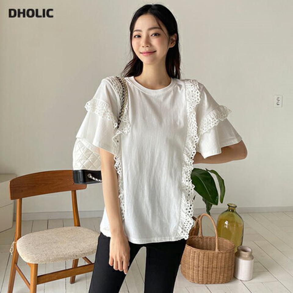 【全品10%OFF】レースフリルTシャツ・全2色・b62370 レディース 【tops】【トップス Tシャツ 半袖 レース フリル ガーリー 大人 シンプル パンチング 可愛い かわいい 春 夏 韓国 ファッション】