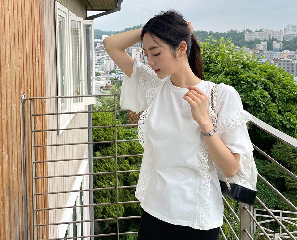 【全品10%OFF】レースフリルTシャツ・全2色・b62370 レディース 【tops】【トップス Tシャツ 半袖 レース フリル ガーリー 大人 シンプル パンチング 可愛い かわいい 春 夏 韓国 ファッション】
