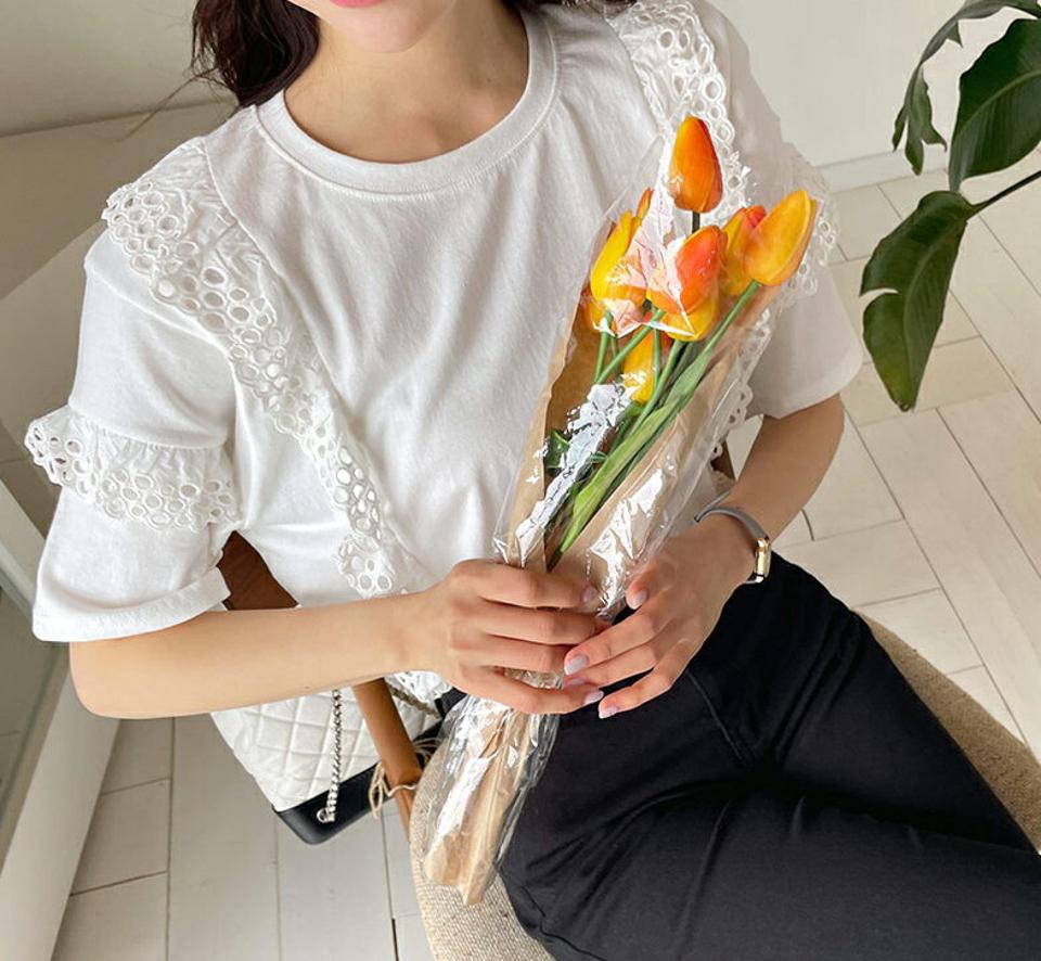 【全品10%OFF】レースフリルTシャツ・全2色・b62370 レディース 【tops】【トップス Tシャツ 半袖 レース フリル ガーリー 大人 シンプル パンチング 可愛い かわいい 春 夏 韓国 ファッション】