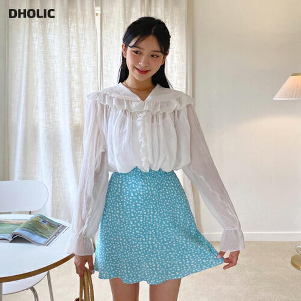 フリルカラーブラウス・全3色・t64389 レディース 【bl】 トップス ブラウス 長袖 フリル ガーリー 可愛い かわいい シンプル 透け感 シースルー シアー 春 秋 韓国 ファッション NIJU