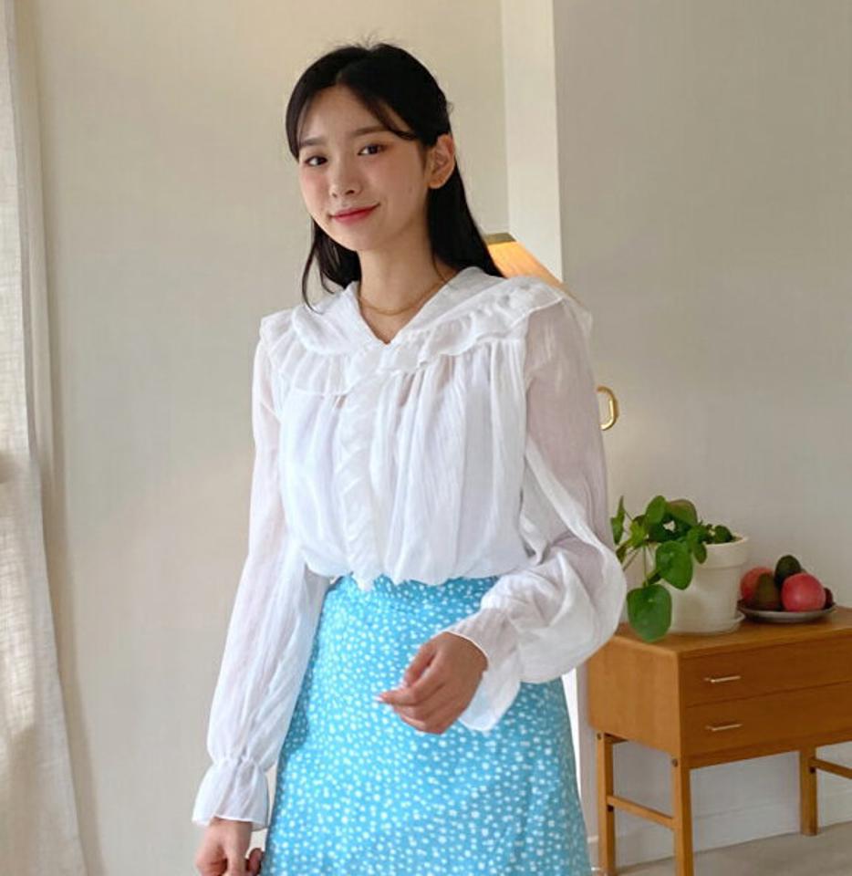 フリルカラーブラウス・全3色・t64389 レディース 【bl】 トップス ブラウス 長袖 フリル ガーリー 可愛い かわいい シンプル 透け感 シースルー シアー 春 秋 韓国 ファッション NIJU