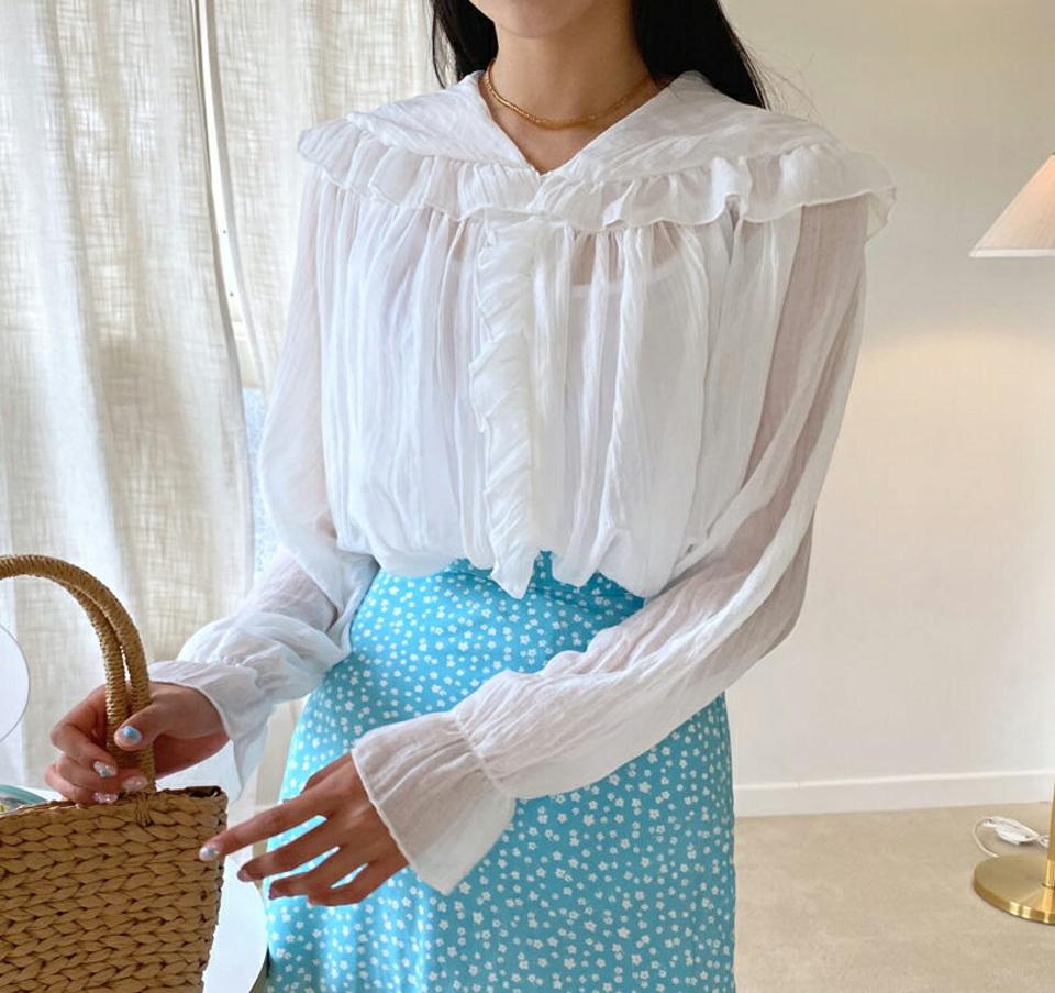 フリルカラーブラウス・全3色・t64389 レディース 【bl】 トップス ブラウス 長袖 フリル ガーリー 可愛い かわいい シンプル 透け感 シースルー シアー 春 秋 韓国 ファッション NIJU
