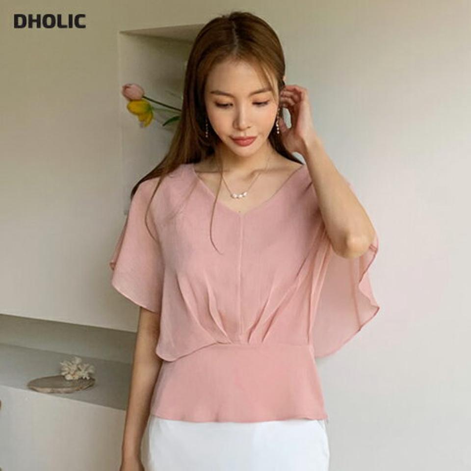 【全品10%OFF】シフォンタックブラウス・全5色・t69009 レディース 【bl】【トップス ブラウス 半袖 タック シフォン フェミニン 上品 単色 シンプル 春 夏 韓国 ファッション】【ハイホリHIHOLLI】