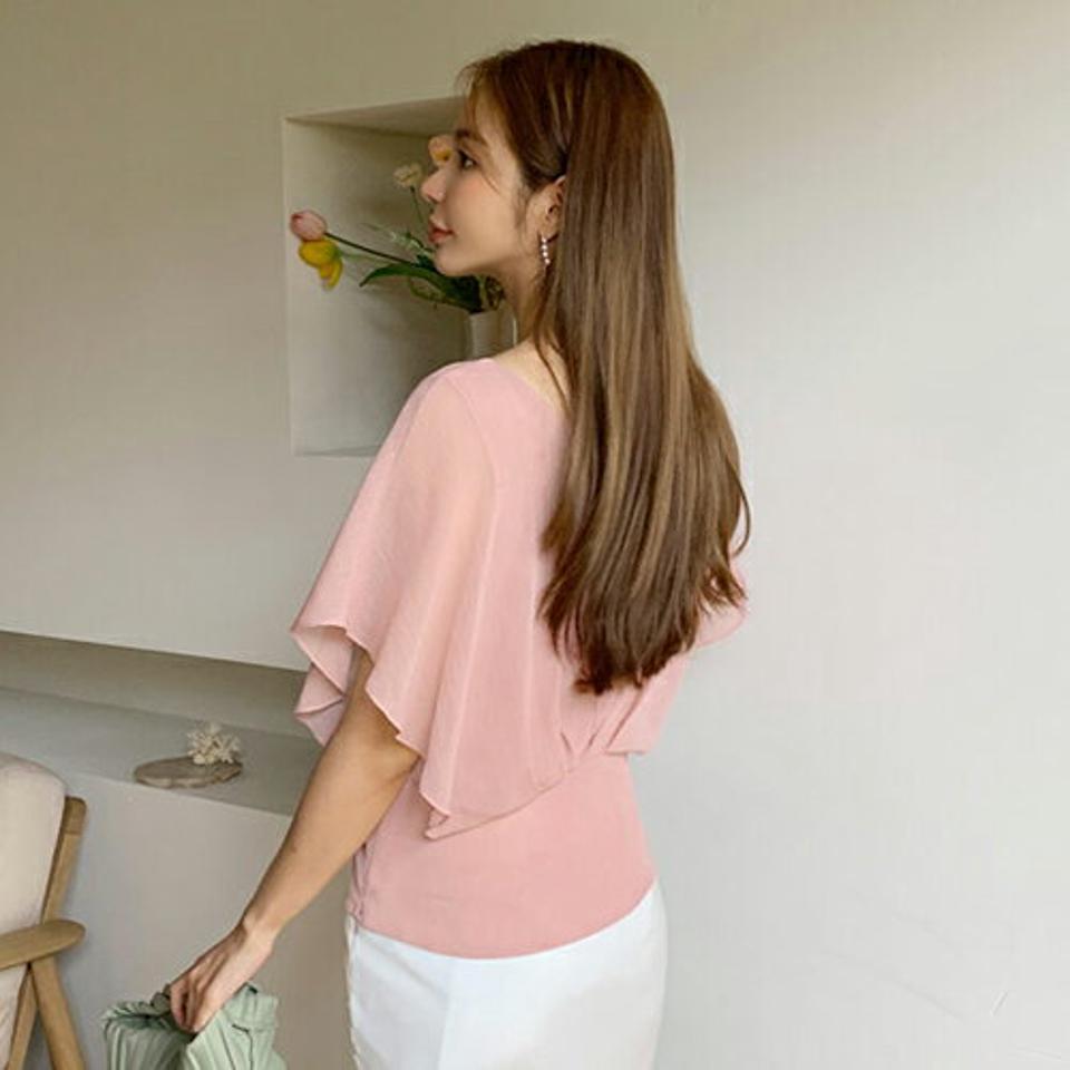 【全品10%OFF】シフォンタックブラウス・全5色・t69009 レディース 【bl】【トップス ブラウス 半袖 タック シフォン フェミニン 上品 単色 シンプル 春 夏 韓国 ファッション】【ハイホリHIHOLLI】