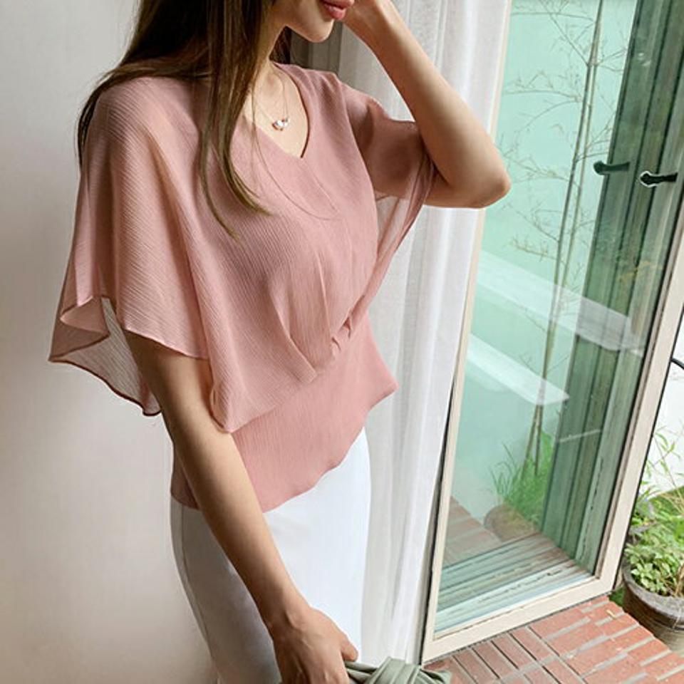 【全品10%OFF】シフォンタックブラウス・全5色・t69009 レディース 【bl】【トップス ブラウス 半袖 タック シフォン フェミニン 上品 単色 シンプル 春 夏 韓国 ファッション】【ハイホリHIHOLLI】