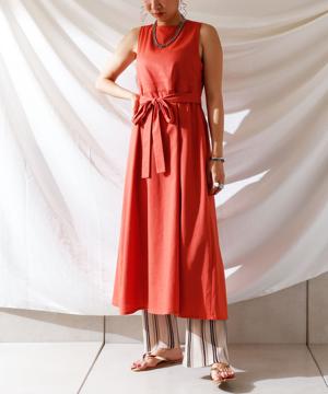 麻混バックオープンノースリワンピース