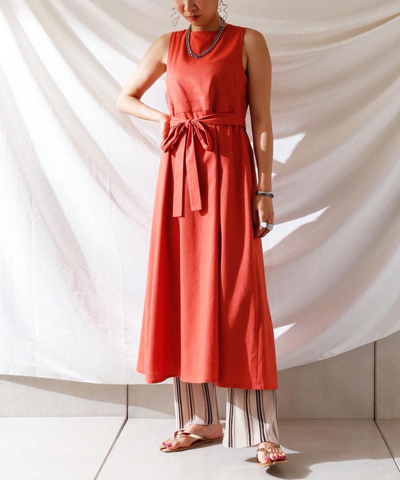 麻混バックオープンノースリワンピース