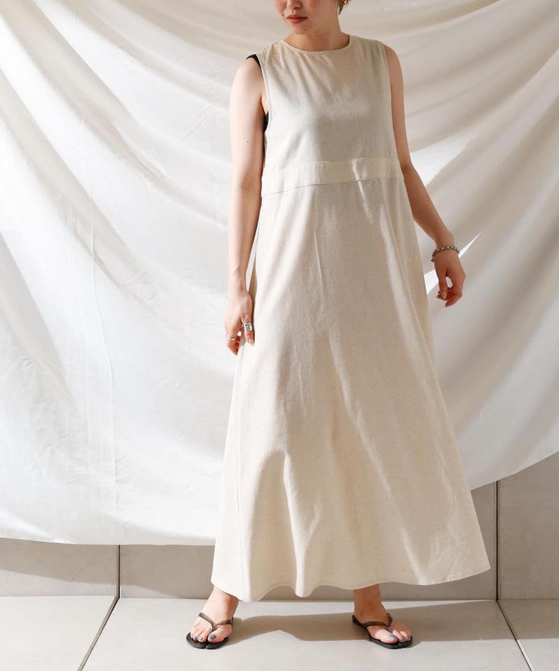 麻混バックオープンノースリワンピース